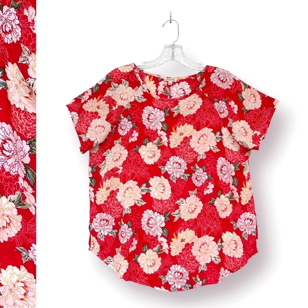 Lily White Georgette Floral Blouse Short Sleeve Back Slit Pullover Crew Neck